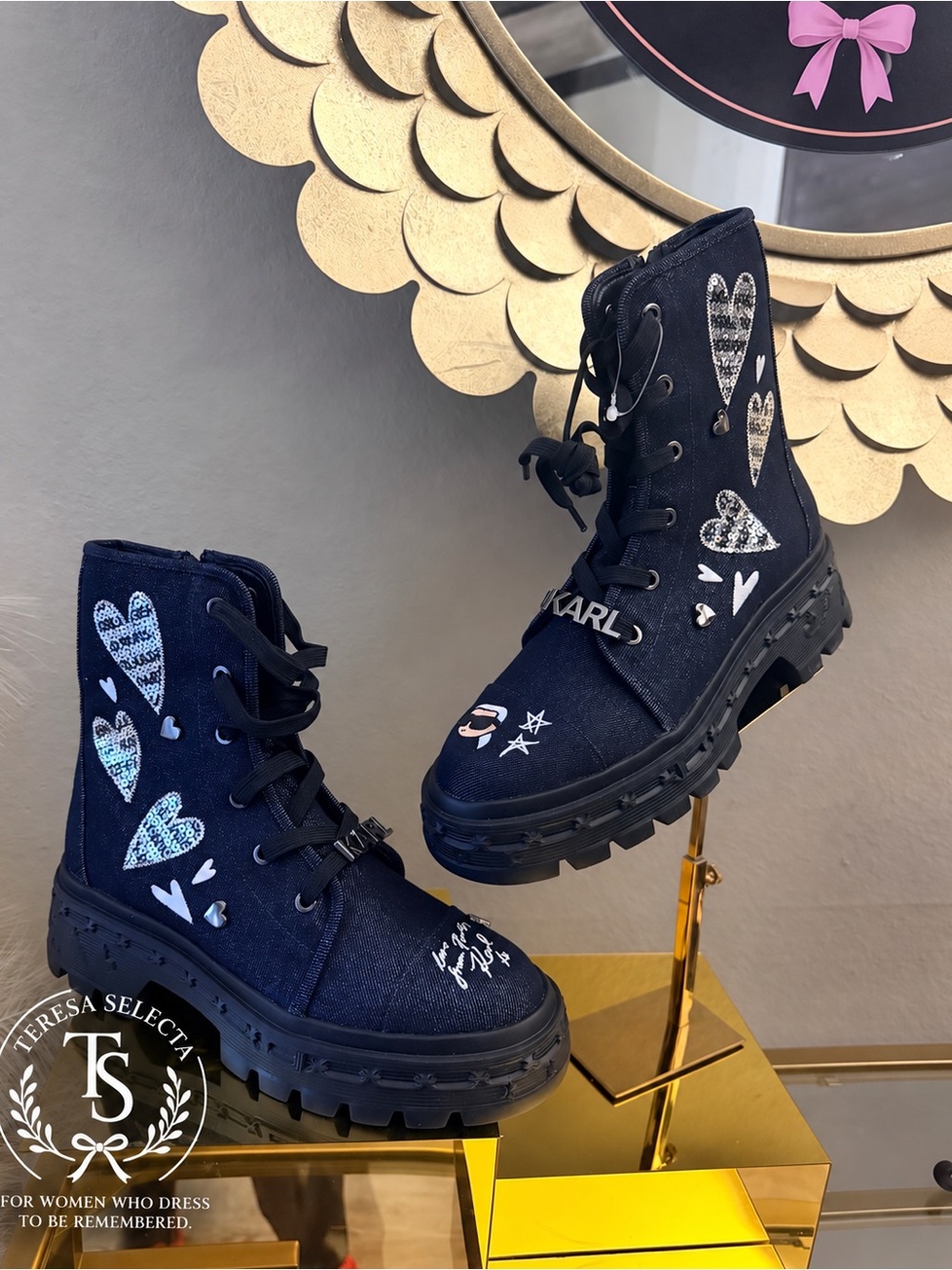New! ✨ Karl Lagerfeld Lamprini Ikonic Dark Navy Denim Sparkle Boots Size 9